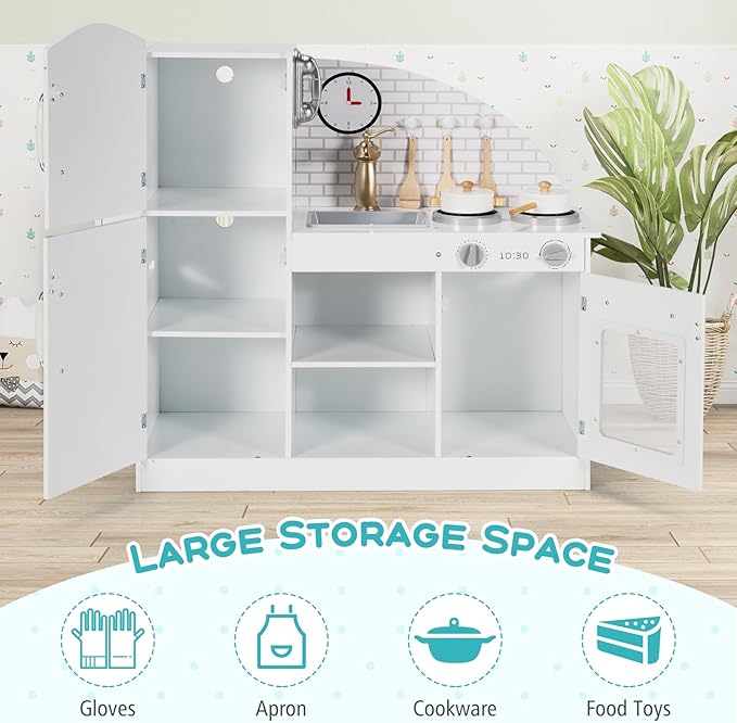 Costzon Kitchen Playset for Kids, Wooden Pretend Cooking Kitchen w/Utensils, Oven, Cabinets, Faucet, Sink & Telephone, Toddlers Play Kitchen Set with Accessories Gift for Age 3+ (White)