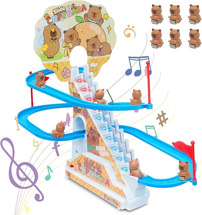Roller Coaster Toys for Toddlers, Climbing Stairs Slide Toy Set with Flashing Lights & Music On/Off Button, Birthday Capybara Gifts for Boys Girls Kids