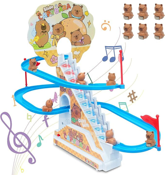 Roller Coaster Toys for Toddlers, Climbing Stairs Slide Toy Set with Flashing Lights & Music On/Off Button, Birthday Capybara Gifts for Boys Girls Kids