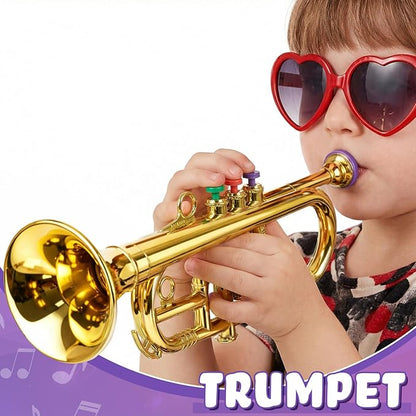 Lewtemi Gold Three-Valve Trumpet Musical Instruments Toy for Kid Toddler Fake Plastic Preschool Music Toy Gift Portable Wind Instrument Early Educational Teaching Songs Gifts for Toddlers Children