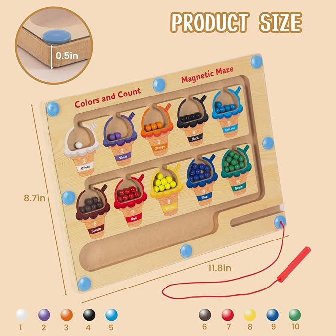 Magnetic Color & Number Maze, Montessori Wooden Color Matching Learning Counting Puzzle Board, Toddler Fine Motor Skills Toys for Boys Girls 3 4 5 Years Old