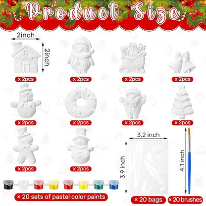 20 Set Christmas DIY Painting Kit Ceramic to Paint Your Own Snowman Santa Xmas Tree Penguin Statues Unpainted Plaster Figurines Brushes Acrylic Paints Bags Party Favor for Kids Adults