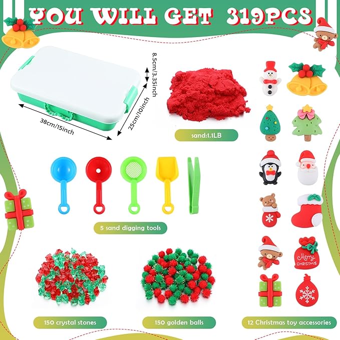 Christmas Sensory Bin with Lid, 317 Pcs Christmas Sensory Sand Kit with Christmas Toys Preschool Learning Activities Tools Box Outdoor Sandbox Toys Christmas Gift for Girls and Boy