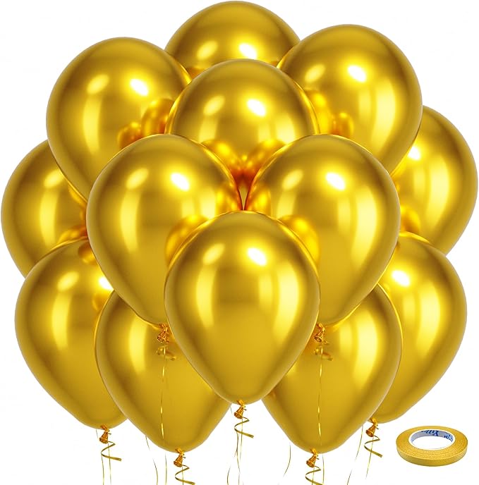 Bezente Gold Metallic Chrome Latex Balloons, 100 Pack 12 inch Gold Round Helium Balloons for Wedding Anniversary Graduation Golden Birthday Engagement Bachelorette Party Decorations 2026