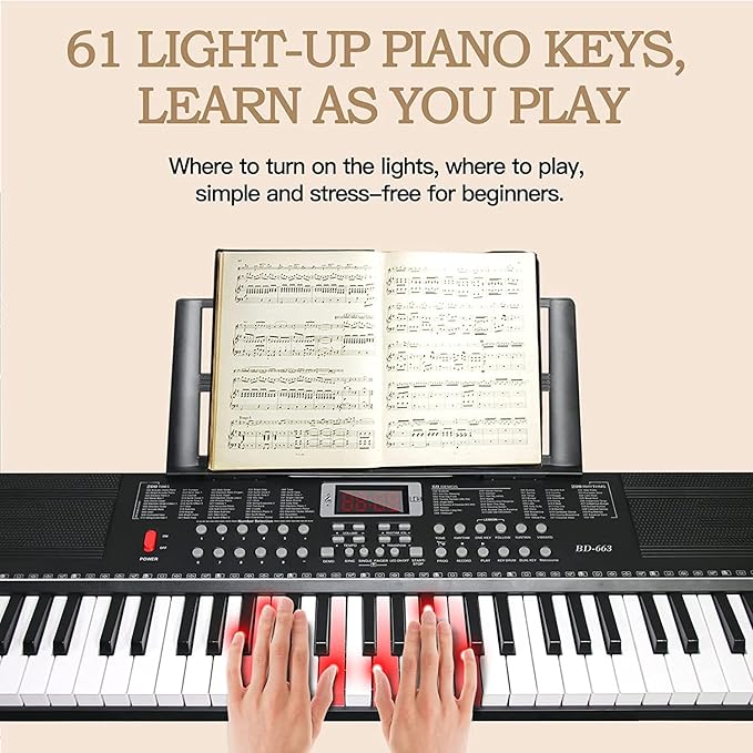 Keyboard Piano 61 Key Electric Piano Keyboard for Beginners/Professional, Portable Light Up Music Keyboard Built-in Dual Speakers with LED Display, Music Stand, Stand, Microphone, Bench (A)