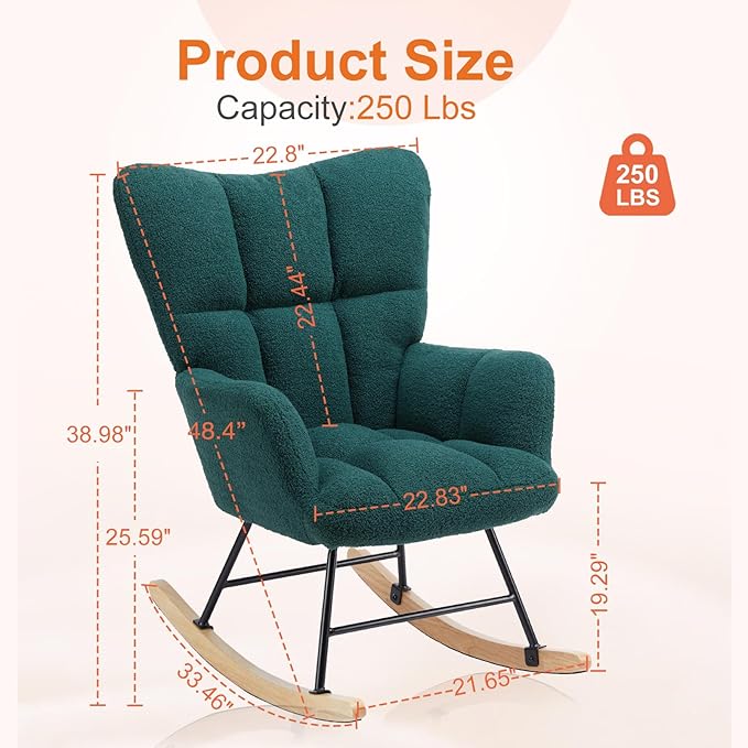 Sweetcrispy Rocking Chair Nursery, Teddy Upholstered Glider Rocker with High Backrest, Reading Chair Modern Rocking Accent Chairs Glider Recliner for Living Room, Nursery, Bedroom