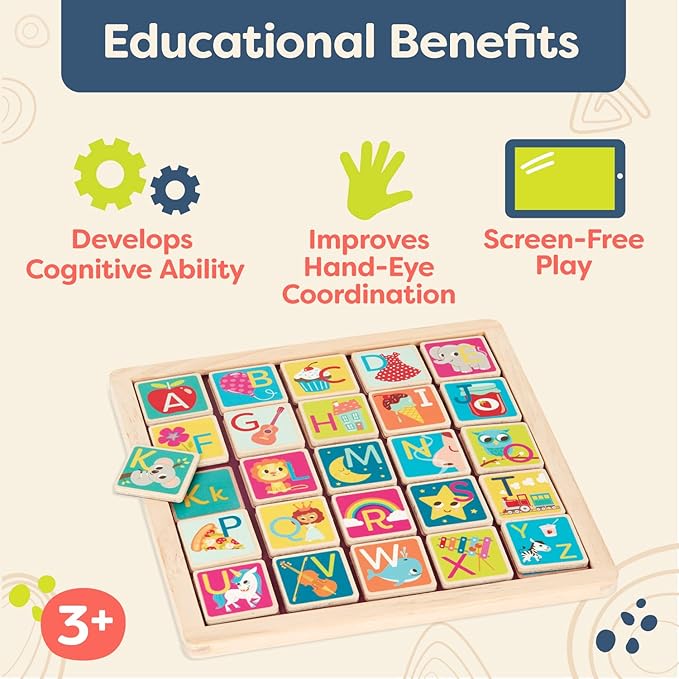 B. Toys- Magnetic Alphabetic- Wooden Alphabet Puzzle – Double-Sided Puzzle & Chalkboard – 26 Magnetic Letter Pieces – 2-in-1 Puzzle for Kids – 3 Years +