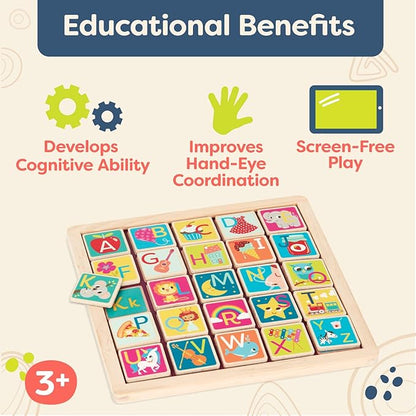 B. Toys- Magnetic Alphabetic- Wooden Alphabet Puzzle – Double-Sided Puzzle & Chalkboard – 26 Magnetic Letter Pieces – 2-in-1 Puzzle for Kids – 3 Years +