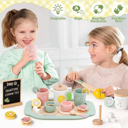 Toyssa Wooden Tea Party Set for Little Girls Toys Toddler Tea Set with Play Kitchen Accessories & Lemonade Stand & Black Board, Wooden Toys for Toddlers Aged 2 3 4 5 6, Birthday Kids Girls Gifts 3+
