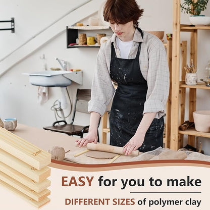 Sasylvia 20 Pcs Pottery Rolling Pin Guides Wood Teaching Rolling Mud Stick Guide Set Polymer Clay Depth Guide Pottery Tools Clay Mudboard Tools (10 Size,Wood Color)