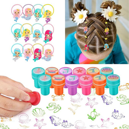 MOVINPE Mermaid Party Favors Personalize Goody Cups with Gift Tags, Filled with Mermaid Themed Reusable Straws Stampers Slap Bracelets Keychains Hair Ties Rings 3D Stickers for Girls