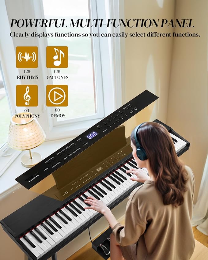 Ktaxon 88 Key Keyboard Piano Set, Full Size Digital Piano with Multi-Adjustable Height Bench, Powerful Functional Panel, Professional 3 Pedal Unit and Dual Mode Connectivity for Beginner(Black)
