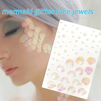 NOOEPC Mermaid Makeup Face Gems, Face Jewels Face Glitter, Shell Mermaid Flower Eye Rhinestone, Festival Essentials, Dance Performances Parties and Stage Cosplay Princess Makeup