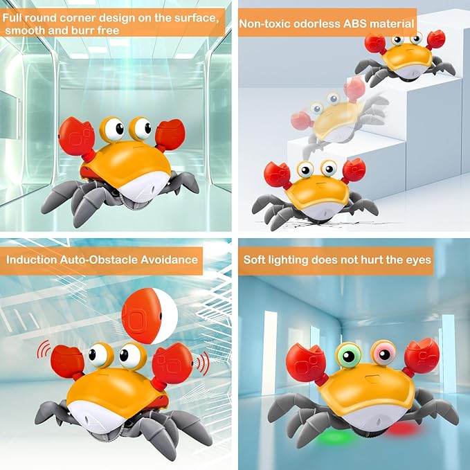 Plnmlls Crawling Crab Baby Toy - Tummy Time Toys-with Music and LED Light,Built-in Rechargeable Battery and Volume Can be Turned Off for 0-6 6-12 12-18 36 Months Walking Toddler Birthday Gift(Orange)