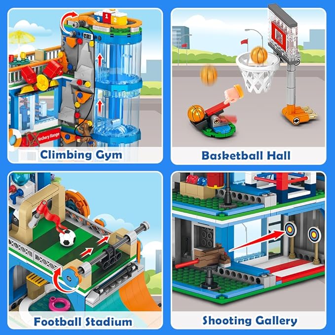 HOGOKIDS City Sports Gym Building Set - 8 in 1 Friend Sports Center Football Basketball Climbing Swimming Boxing Shooting Skateboard Building Block Kit Games Toy Birthday Gift for Kids Girls Boys 6+