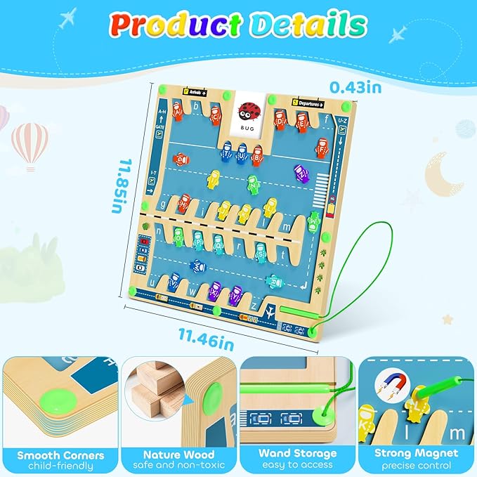 Magnetic Alphabet Maze Letters Puzzle Montessori Toys for 3-5 Toddler Board Travel Wooden Learning Toys Educational Magnet Parking Maze Fine Motor Skills Preschool Birthday Gift for Boys Girls 3+