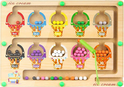 Magnetic Color and Number Maze, Wooden Color Matching Learning Counting Magnet Puzzle Board Montessori Toys, Toddler Educational Fine Motor Skills Learning Toys for Boys Girls 3+ Years Old