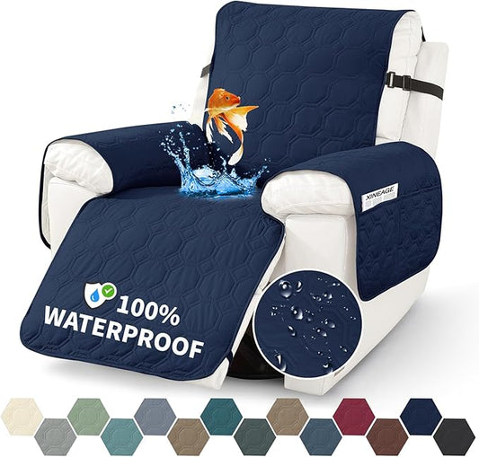 XINEAGE 100% Waterproof Recliner Chair Cover, Non Slip Covers for Recliner Chair with Pocket, Washable Dog Recliner Couch Cover with Elastic Straps (Dark Blue, 23.6")