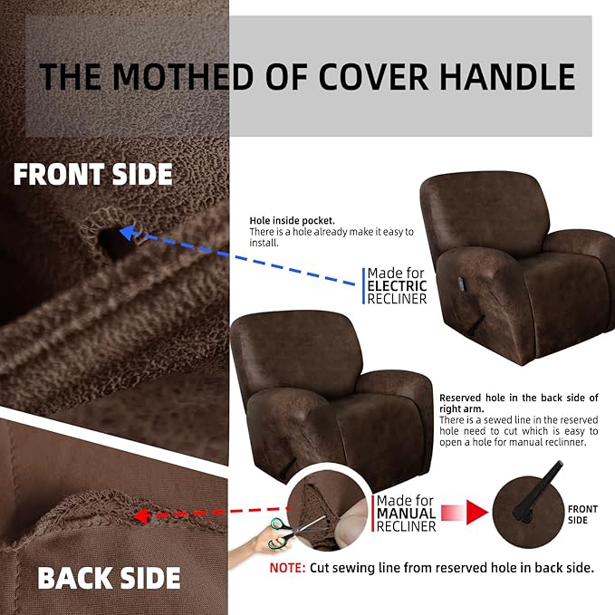 Leather Look Recliner Chair Covers Stay in Place 4-Piece Lazy Boy Recliner Slipcovers for Reclining Chair Furniture Protector Spandex Fabric Washable (Large, Dark Brown)