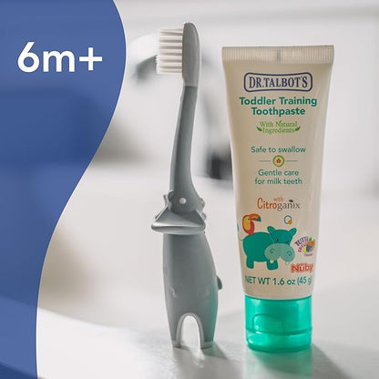 Toddler Training Toothbrush and Natural Kids Toothpaste with Citroganix - 1.6 oz - Fluoride-Free Toothpaste and Toddler Toothbrush - 6+ Months - Elephant