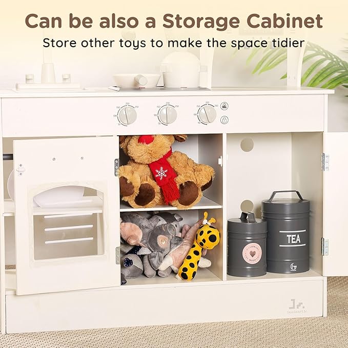 SainSmart Jr. Kitchen for Kids, Wooden Play Kitchen with Toy Storage System, Toy Kitchen Set with Plenty of Play Features, Kids Play Kitchen Designed, Gift for Ages 3+ White