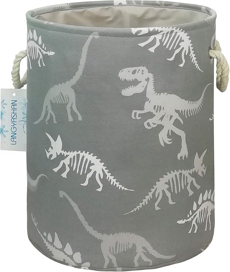 LANGYASHAN Laundry Basket Canvas Collapsible Organizer Storage Basket for Boys Girls Laundry Hamper Toy Bins Gift Baskets Bedroom Clothes Children Nursery (Gray Dinosaur skeleton)