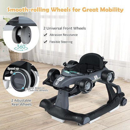 HONEY JOY 4-in-1 Baby Walker, Activity Push Walker w/3 Adjustable Heights, Smooth Wheels w/Adjustable Speed, Padded Seat, Music & Light, Foldable Car Walker for Baby Boys Girls Age 6 Months+ (Gray)