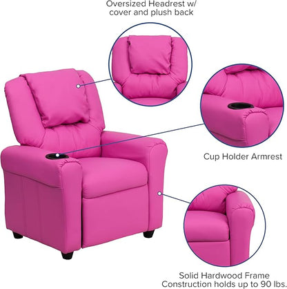 Flash Furniture Vana Vinyl Kids Recliner with Cup Holder, Headrest, and Safety Recline, Contemporary Reclining Chair for Kids, Supports up to 90 lbs., Hot Pink