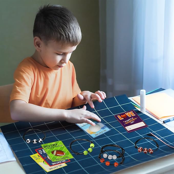 Capoda 36 Pack Valentines Day Sports Gift Set and Valentines Boxes Sports Valentine's Day Cards Adjustable Sport Party Charm Bracelet for Classroom Exchange Prizes Class Party Favors