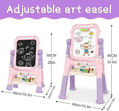 Art Easel for Kids, Adjustable Standing Rotatable Double Sided Easel with Painting Accessories for Toddlers Boys and Girls-Pink