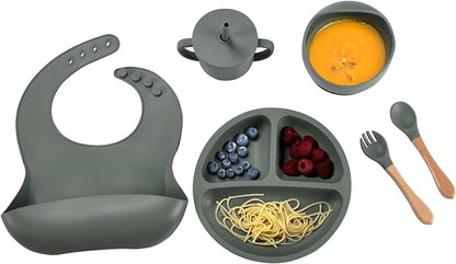 Childlike Behavior Baby Weaning Set of 6 - Sage Green Silicone Baby Feeding Set - Self Feeding Baby Wooden Fork and Spoon, Plates, Bibs, Easy to Grip, Dishes and Cups - Eating Learning Essentials