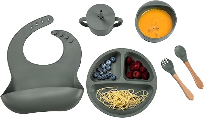 Childlike Behavior Baby Weaning Set of 6 - Sage Green Silicone Baby Feeding Set - Self Feeding Baby Wooden Fork and Spoon, Plates, Bibs, Easy to Grip, Dishes and Cups - Eating Learning Essentials