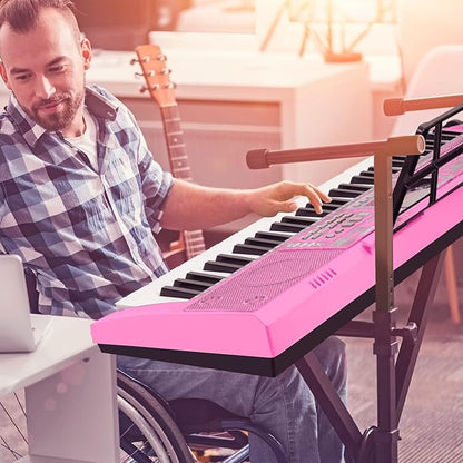 Kids Keyboard 61 Keys, Beginner Electronic Piano with One-Key Teaching 100 Tones & Rhythms, Portable Music Keyboard for Children with Microphone, Music Stand [Pink, Piano with Stand]
