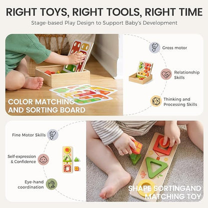 Tiny Land Montessori Toy Set for Babies 18-24 Months Investigator Play Kit- 4-in-1 Wooden Learning Toys with Color Sorting, Lacing Beads, Shape Matching, and Seasons Puzzles