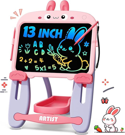 TEKFUN LCD Writing Tablet Doodle Board, 13 Inch Pink Adjustable Standing Art Easel for Toddler, Rabbit Erasable Drawing Board for Kids, Educational Toys Birthday Gift for 1-6 Year Old Girls