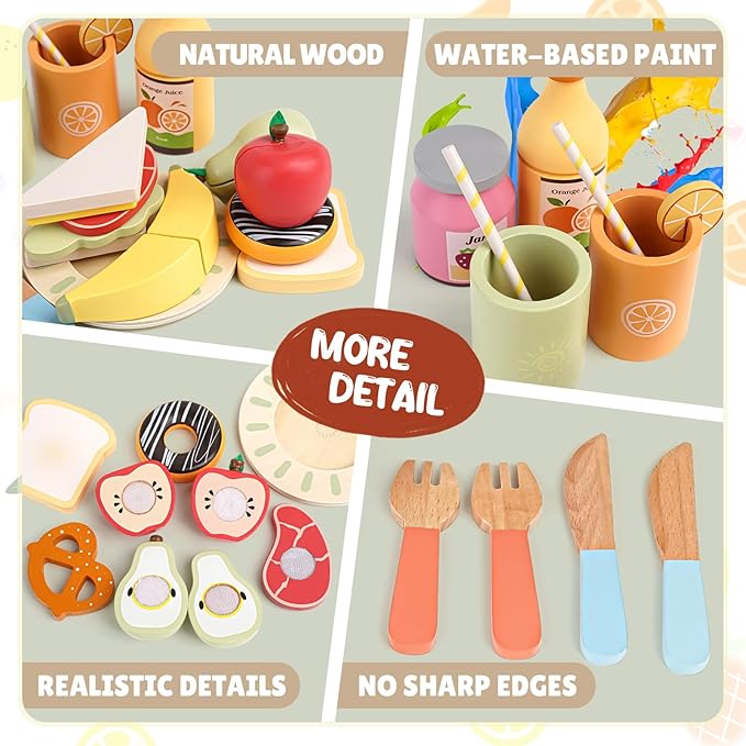 Dreamon Wooden Play Food Set - 22 Pcs Play Food Sets for Kids Kitchen with Carry Basket,Pretend Food for Toddlers,Cutting Food Toys for Toddlers for 3+ Year Old Boys and Girls Gifts