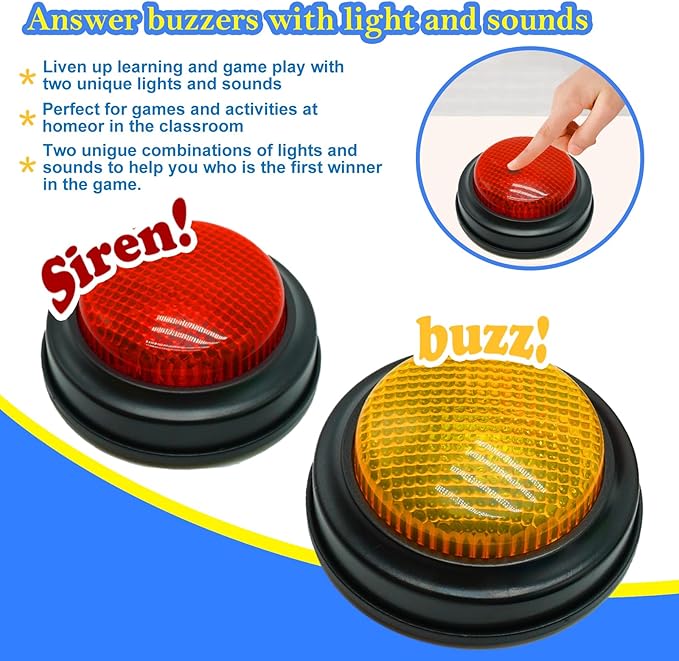 2-Pack Buzzers for Trivia Games, Answer Buzzers for Classroom, Family Feud Jeopardy Buzzer, Game Buzzers with Lights and Sound for Classroom, Game Show Buzzer Buttons