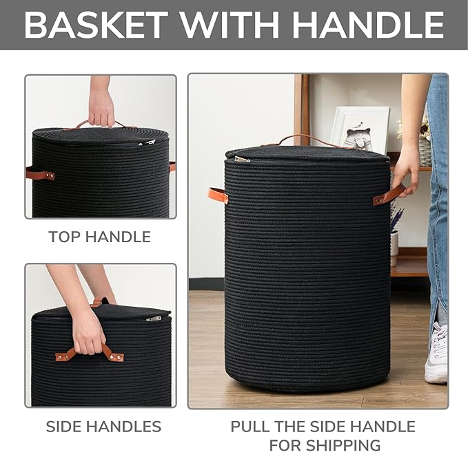 CHICVITA Tall Laundry Basket with Lid, Large Laundry Hamper for Bedroom, Laundry Bin for Clothes, Blankets, Toys, Decorative Woven Basket for Living Room, 15 x 20 inches, Black