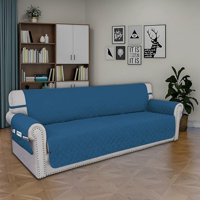 Easy-Going Sofa Slipcover Waterproof Sofa Cover Couch Cover for 4 Cushion Couch with Elastic Straps Washable Non-Slip Furniture Protector Cover for Pets, Dogs, Cat (XX-Large, Peacock Blue)