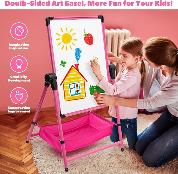 Kids Art Easel Double-Sided Easel Designed with Height Adjustable Function & Large Storage Bag Whiteboard & Chalkboard 360°Rotating Kids Drawing Easels for Kids Toddlers (26inch-43inch)