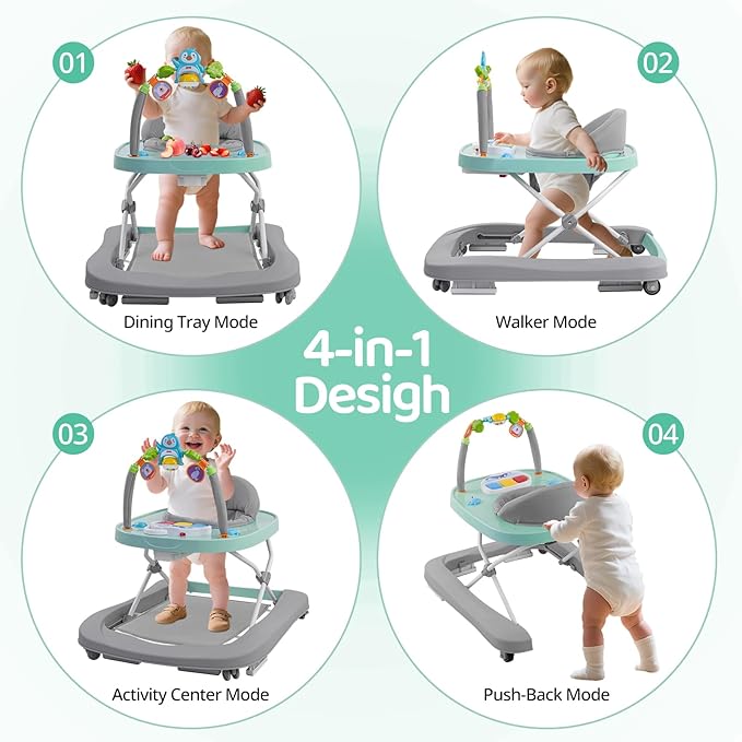 Baby Walker, Music & Removable Footrest with Toys, 3-Height Adjustable, Foldable 4-in-1 Activity Center for Infant and Toddler, Baby Walker for Baby Boy Girls 7–18 Months