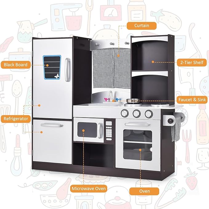 HOMGX Multi-Function Children's Kitchen Toy Set, Wooden Chef Pretend Toy Set w/Microwave, Stove, Sink, Faucet, Storage Cabinet & Shelf,Children's Play Kitchen for Boys & Girls Over 3 Years Old