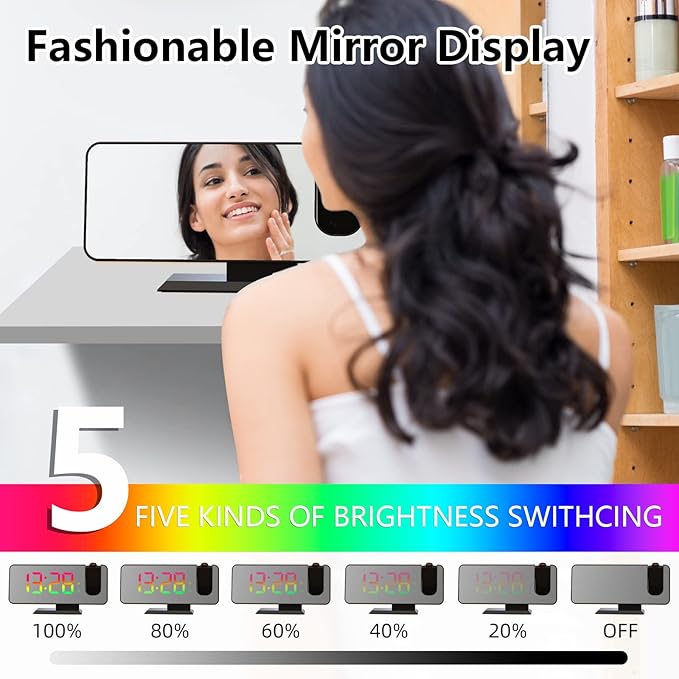 Projection Alarm Clock for Bedroom Ceiling,11 Colors RGB Digital Clock Large Display, 7.3'' Large Mirror Screen with Dual Alarm,5 Auto Dimmer,12/24H, Snooze,180°Projector on Ceiling