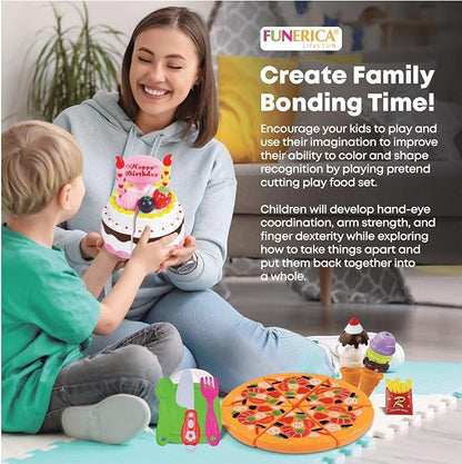 FUNERICA Play Food Goodies Set - Features Cutting Pizza, Ice Cream, Toy Birthday Cake, Fries, Dessert – Pretend Kitchen Toys for Toddlers, Boys, Girls