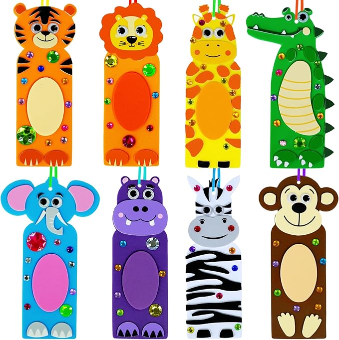 Winlyn 32 Sets Jungle Animal Craft Kits DIY Jungle Safari Zoo Wild Animal Bookmarks Decorations Art Sets Tiger Lion Zebra Foam Stickers for Kids Classroom Activities Reading Rewards Party Favors