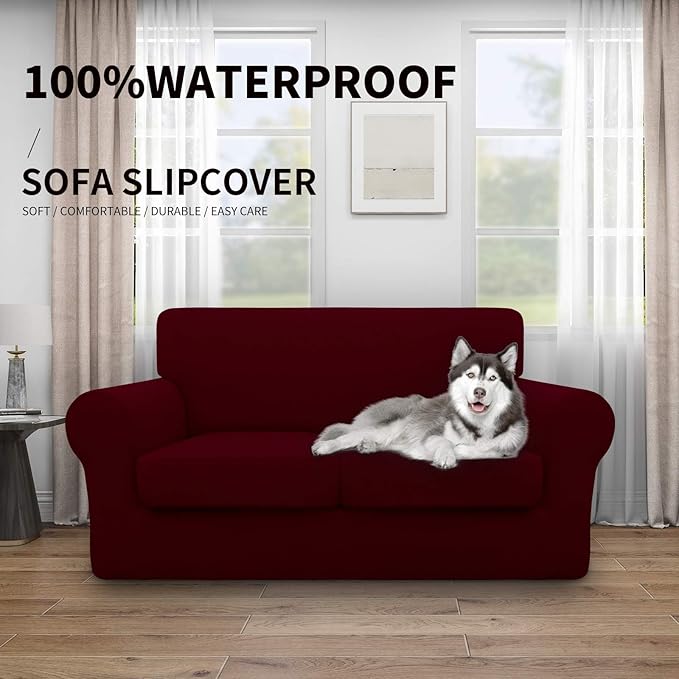 Easy-Going 100% Dual Waterproof Loveseat Cover Stretch Soft Couch Cover for Dogs, Sofa Slipcover for 2 Separate Cushion Couch Leakproof Furniture Protector for Kids, Pets Wine