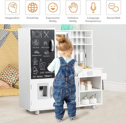 Fireflowery Kids Kitchen Playset, Toddler Kitchen w/Simulated Sound, Accessory Utensils, Blackboard, Sink, Stovetop, Cabinets, Pretend Play Kitchen, Gift for Ages 3+ (Modern)