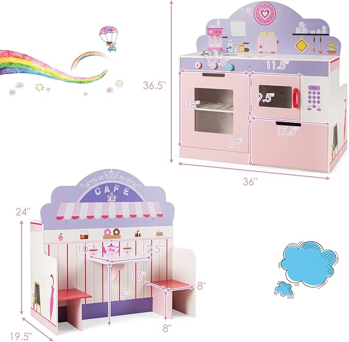 HONEY JOY Pink Kids Kitchen Playset, Double Side Little Chef Play Kitchen for Toddler & Cafe Shop, Cooking Utensil, Microwave, Storage Cabinet, Wooden Pretend Play Toy Kitchen Set, Gift for Boys Girls