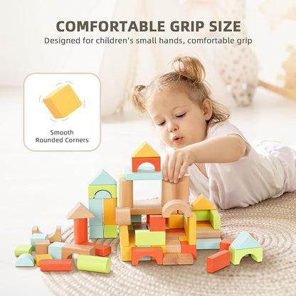 100pcs Building Blocks for Toddlers 1-3, Wooden Blocks for Kids with Storage Bucket and Shape Sorter Lid, Montessori Toys for 1 2 3 Year Old, Learning Toys for Preschool Girls and Boys