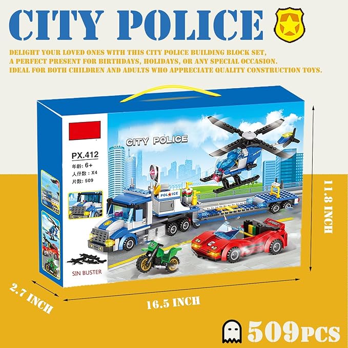 City Police Car, Motorcycle,Truck and Trailer&Helicopter Building Block Sets(509pcs),Police Chase Toy Set,Gift for Kids and audlts